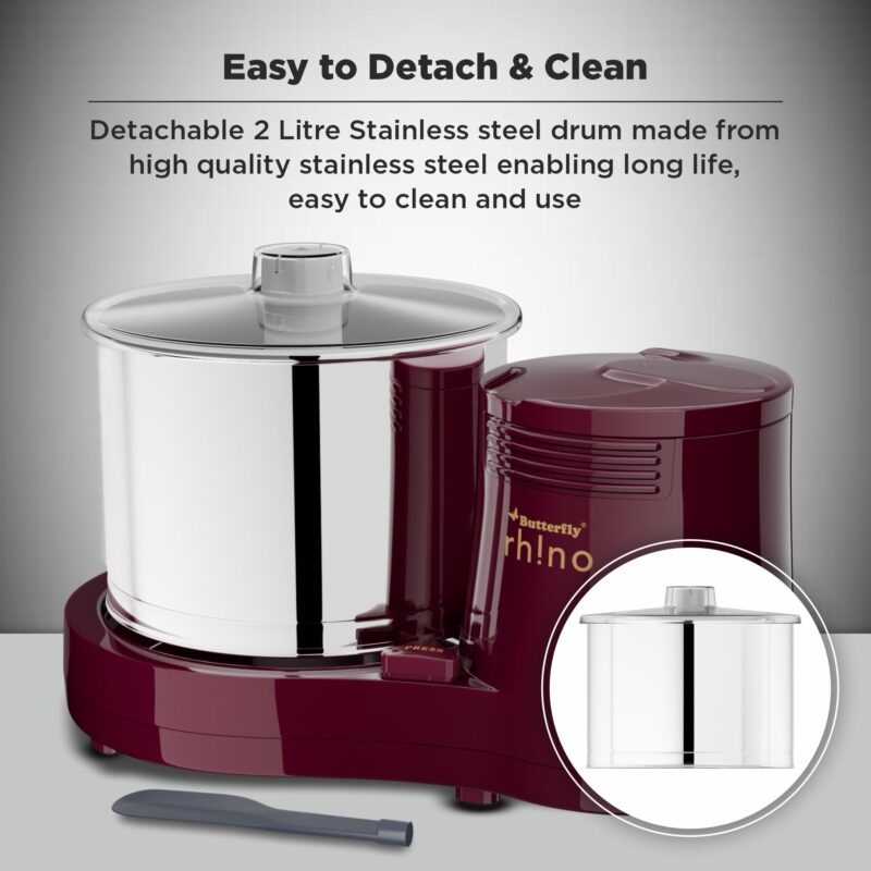 Butterfly Rhino 2 Litres Table-Top Wet Grinder | 150 Watts | Shockproof ABS Body | 4-way Grinding | Easy Clean & Maintenance | Stainless Steel Drum | 2 Years Manufacturer's Warranty | Cherry Red - Image 5