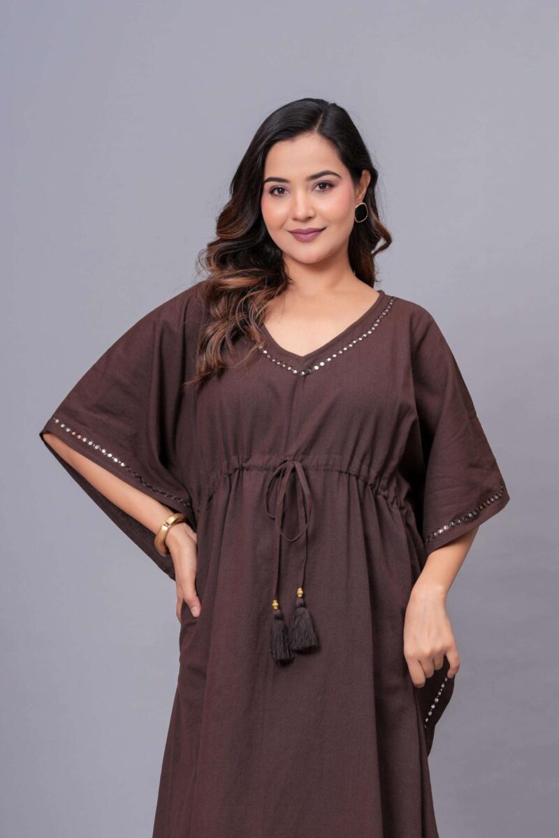 TEXTILE TONES Women’s Chocolate Brown Kaftan Dress - V Neck Maxi Dress with Adjustable Waist Tie, Lightweight Loose Fit Beach Cover Up for Vacation, Resort, Poolside & Casual Wear, Free Size - Image 7