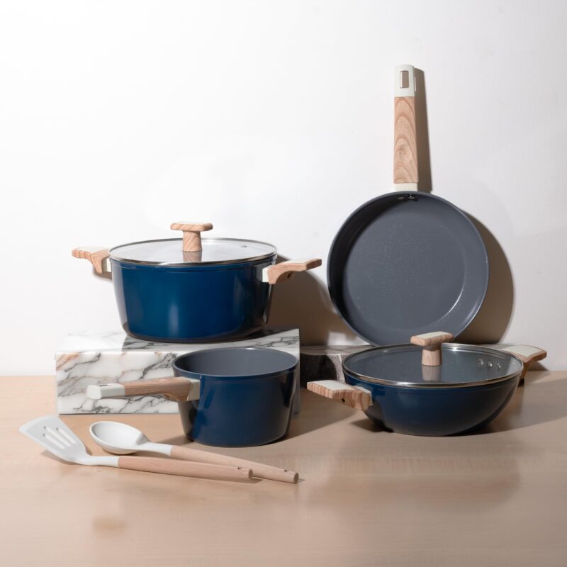 Kreme Ceracook Ceramic Coated Granite 8 Pc Cookware Gift Set Casserole, Frying Pan, Kadai, Sauce Pan, 2 Spatulas, ISI Certified, Gas & Induction, PFAS & PTFE Free 1 Yr Warranty, Ocean Deep Blue - Image 2