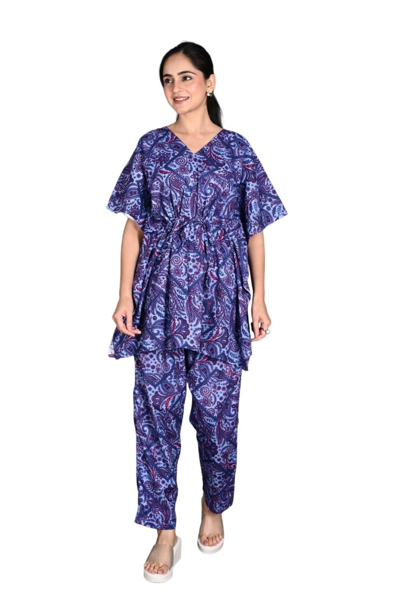 Bresdk Women's Cotton Printed Night Suit Kaftan Style Pyjama Co Ord Set for Women, Night Dress 2-Piece Outfits Pajama Wear - Free Size (Blue, Free Size)