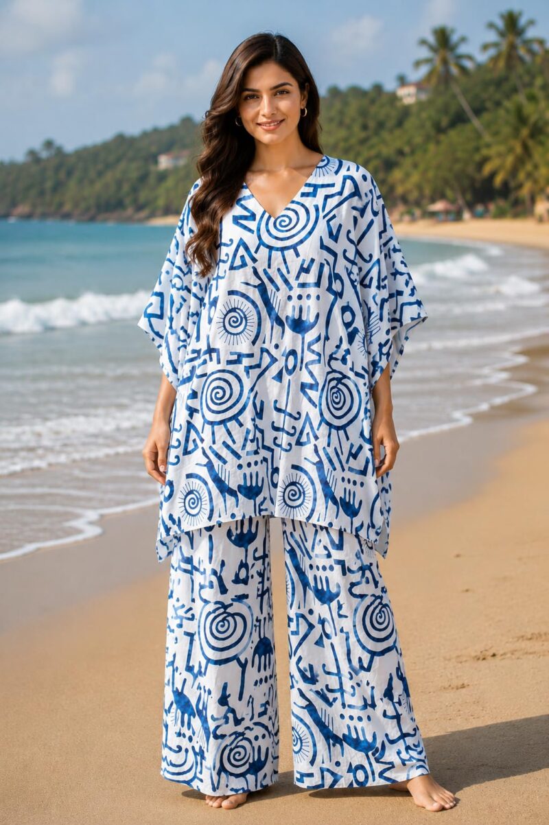 Women's Cotton Printed Kaftan Co-Ord Set | V-Neck Oversized Kaftan Top with Palazzo Pants | Beach Wear, Resort Wear, Lounge Wear | White & Blue (XXL) - Image 2