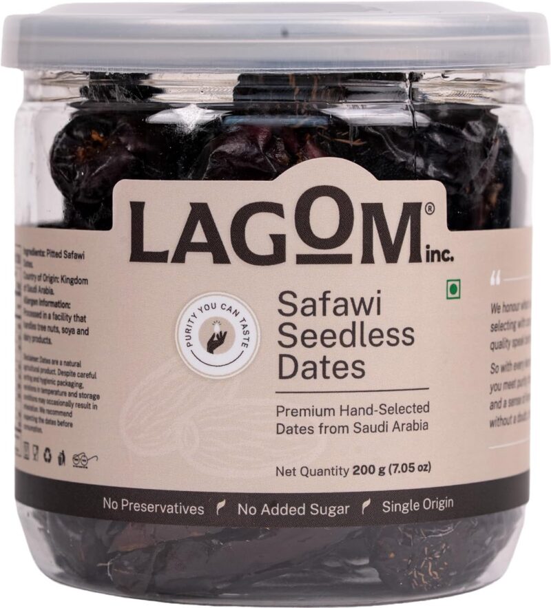 Lagom Safawi Seedless Dates 200g | Premium Pitted Saudi Khajoor | Soft, Rich & Naturally Sweet | No Added Sugar, No Preservatives | Vegan, Gluten Free, Non-GMO