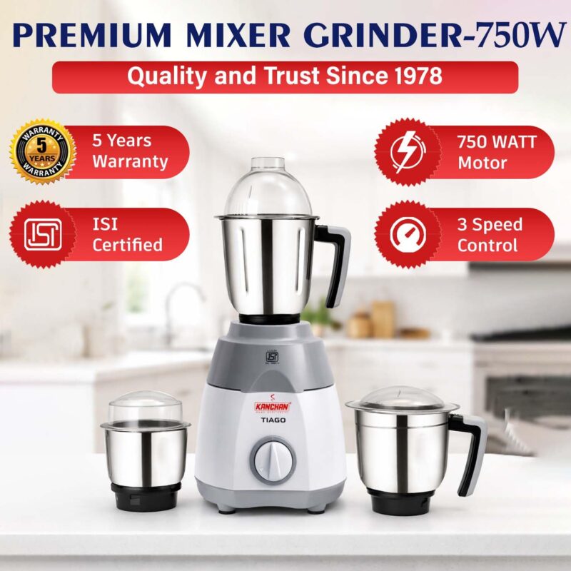 Kanchan Tiago Mixer Grinder 750 watt - 3 Stainless Steel Jars for Wet & Dry Grind & Blend (Chutney, Juices, Puree, Batter, Masala)- Heavy Duty Motor Mixi Grinder, 5 Year Warranty, ISI Certified - Image 5