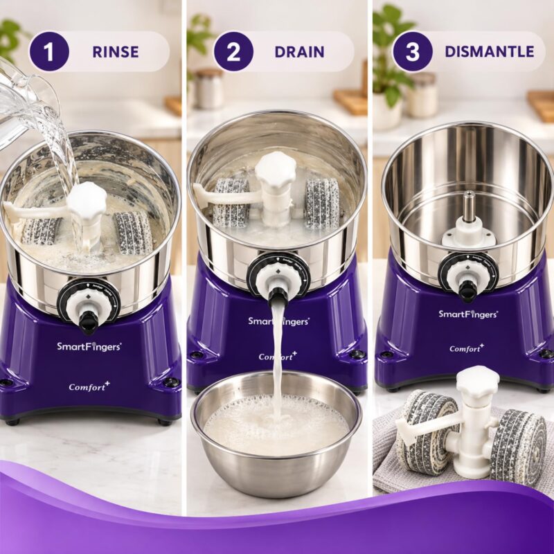 SmartFingers Comfort + Table Top Wet Grinder 230V, 3 Liter, Violet with Coconut Scrapper & Atta Kneader Attachment | Hands-Free Batter Dispenser | Top Wiper, 220W Motor | 5 Years Warranty | ABS - Image 8