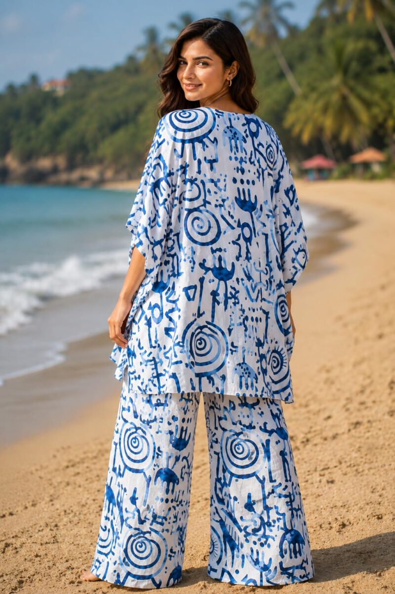 Women's Cotton Printed Kaftan Co-Ord Set | V-Neck Oversized Kaftan Top with Palazzo Pants | Beach Wear, Resort Wear, Lounge Wear | White & Blue (XXL) - Image 5
