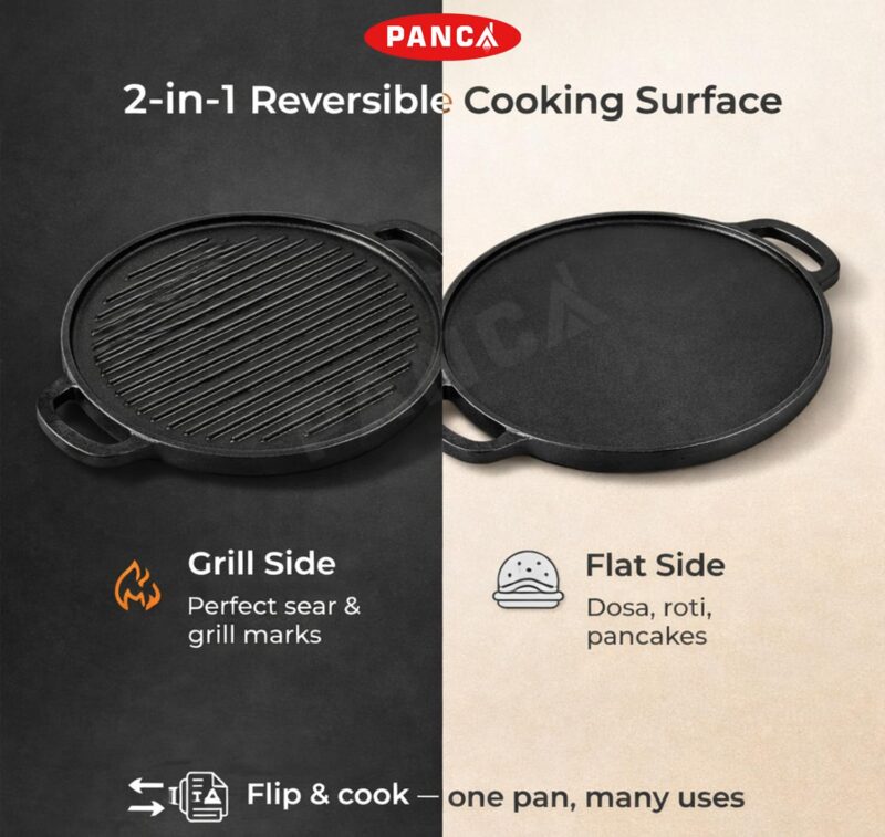 PANCA Pre-Seasoned Cast Iron Dosa Tawa 30 cm | Heavy Roti/Chapati Tawa for Gas & Induction | Chemical-Free, Naturally Non-Stick Pan (2 in 1 Grill Tawa) - Image 2