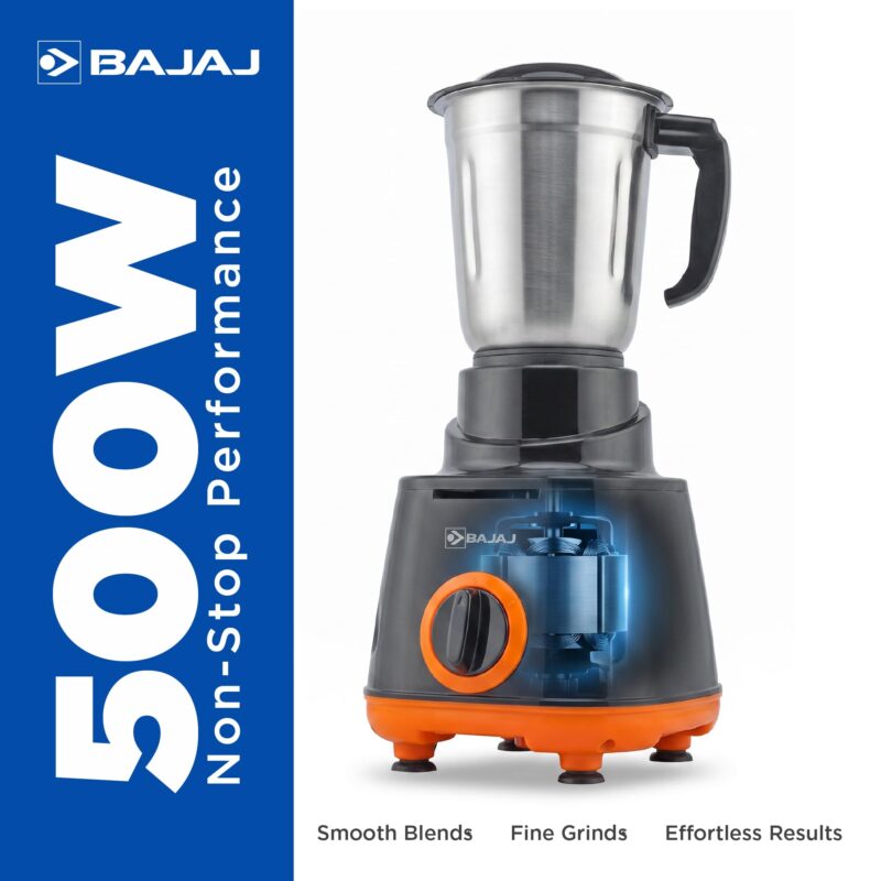 Bajaj Rex 500W Mixer Grinder | 3 Stainless Steel Jars with Multifunctional Blades | Nutri-Pro Feature for Efficient Grinding & Blending | Adjustable Speed Control | 1 Year Warranty | Black & Orange - Image 4
