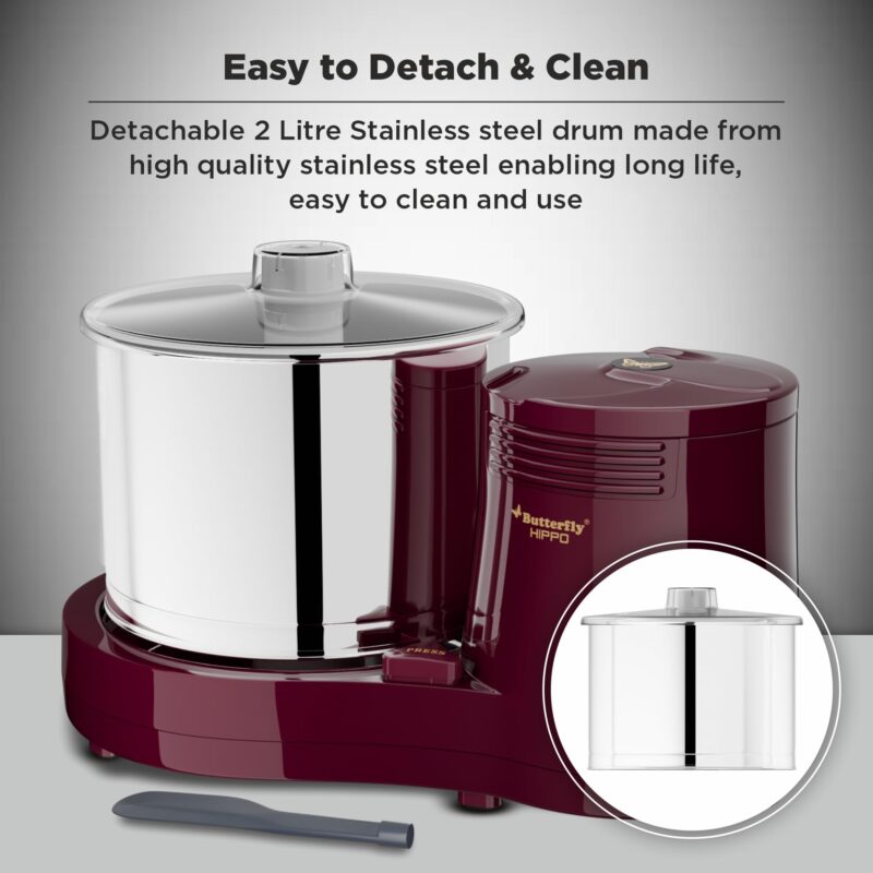 Butterfly Hippo 2 Litres Table-Top Wet Grinder | 150 Watts | Shockproof ABS Body | 4-way Grinding | Easy Clean & Maintenance | Stainless Steel Drum | 2 Years Manufacturer's Warranty | Cherry Red - Image 6