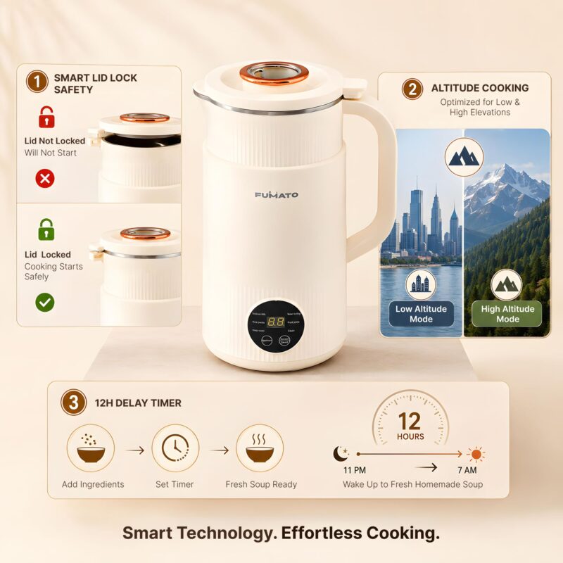The Better Home Fumato 800ml Automatic Nut Milk Maker & Soup Maker | 6 Presets for Vegan Milk (Almond, Soy, Oat), Smoothies & Purees | 600W Fast Heating, 304 Stainless Steel Interior, 1 Year Warranty - Image 8