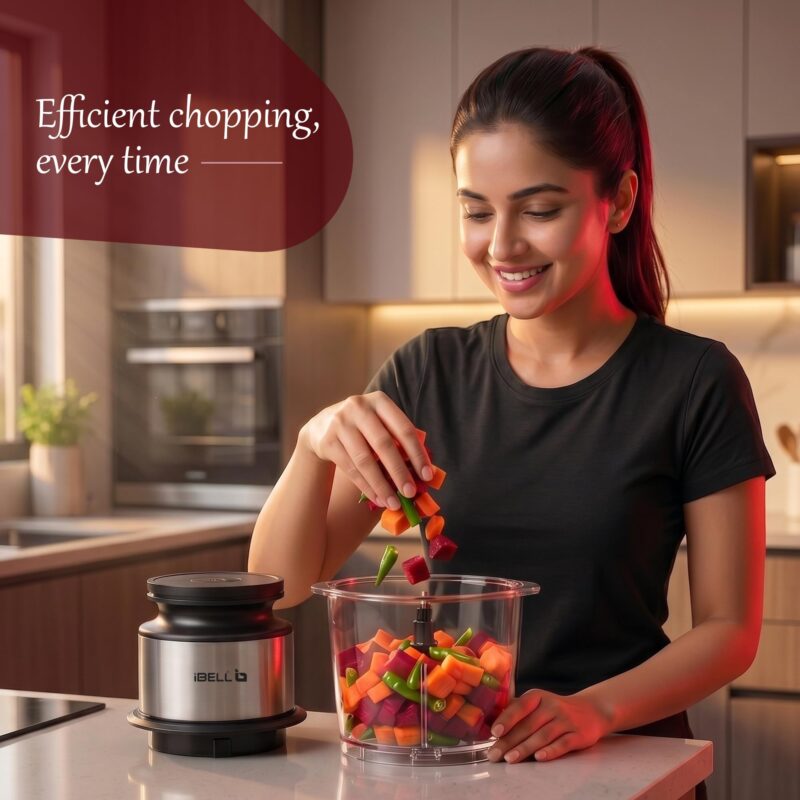 IBELL Electric Chopper for kitchen,400W Powerful Motor, 4 Stainless Steel Blades,Food Grade Transparent Bowl, Compact Mini Food Processor for Chopping Vegetables, Fruits, Nuts & Herbs (Black) - Image 8