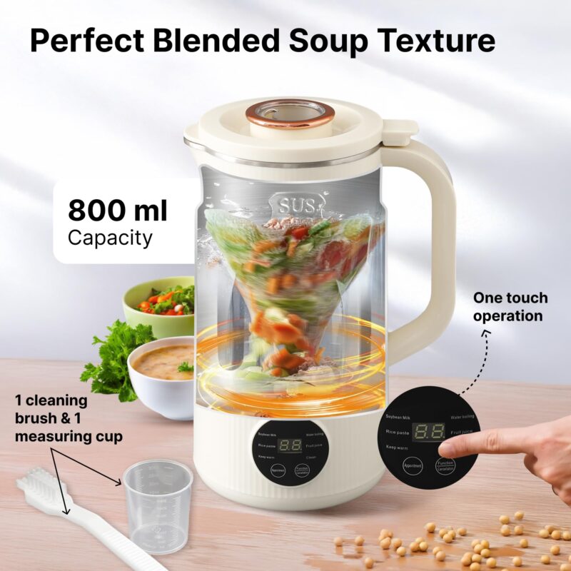 FUMATO Soup Maker | Multifunctional Vegan Milk Machine | Make Vegan Milk From Nuts Almonds Soya Oats | Boil Water Fruit Juice | PP Outer Shell 304 Stainless Steel Inner | 800ml | Auto Shutoff - Image 4