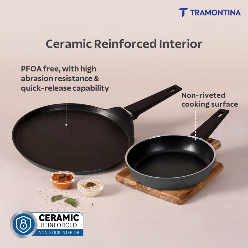 TRAMONTINA Chroma Cookware Set of 2 - Fry Pan 20 cm & Dosa Tawa 28 cm | Ceramic Reinforced Cookware | Cold Forged | Bakelite Handle | All Cooktop Compatible | Dishwasher Safe Grey - Image 2