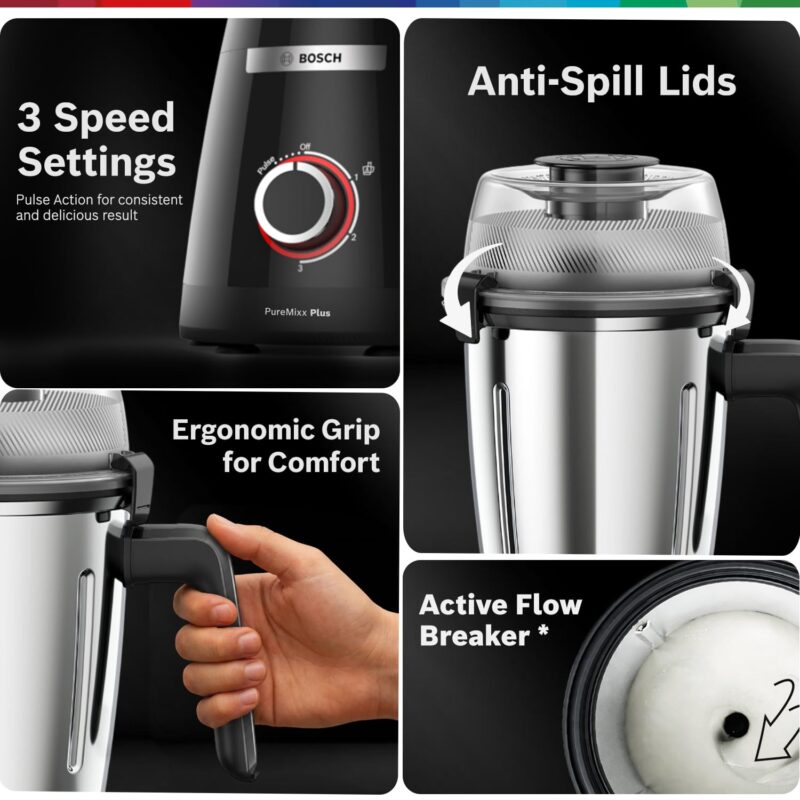 Bosch PureMixx Plus 800W Mixer Grinder & Food Processor with 5 Jars, 40+ Functions, Atta Kneading, Chopping, Slicing, Coarse Grinding, Hands-Free Operation, 7-Year Motor Warranty, Black - Image 9