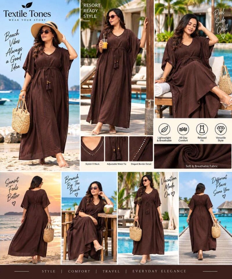 TEXTILE TONES Women’s Chocolate Brown Kaftan Dress - V Neck Maxi Dress with Adjustable Waist Tie, Lightweight Loose Fit Beach Cover Up for Vacation, Resort, Poolside & Casual Wear, Free Size - Image 4