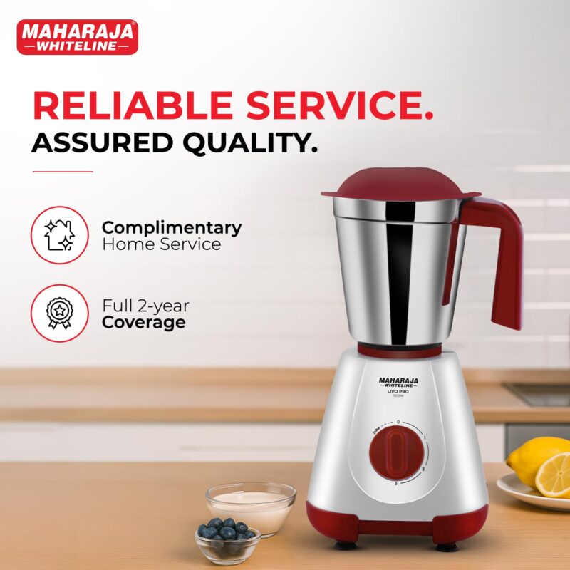 Maharaja Whiteline 500W Mixer Grinder with 3 Stainless Steel Jars with lid and 20,000 RPM Motor Speed (White & Cherry Red) - Image 7