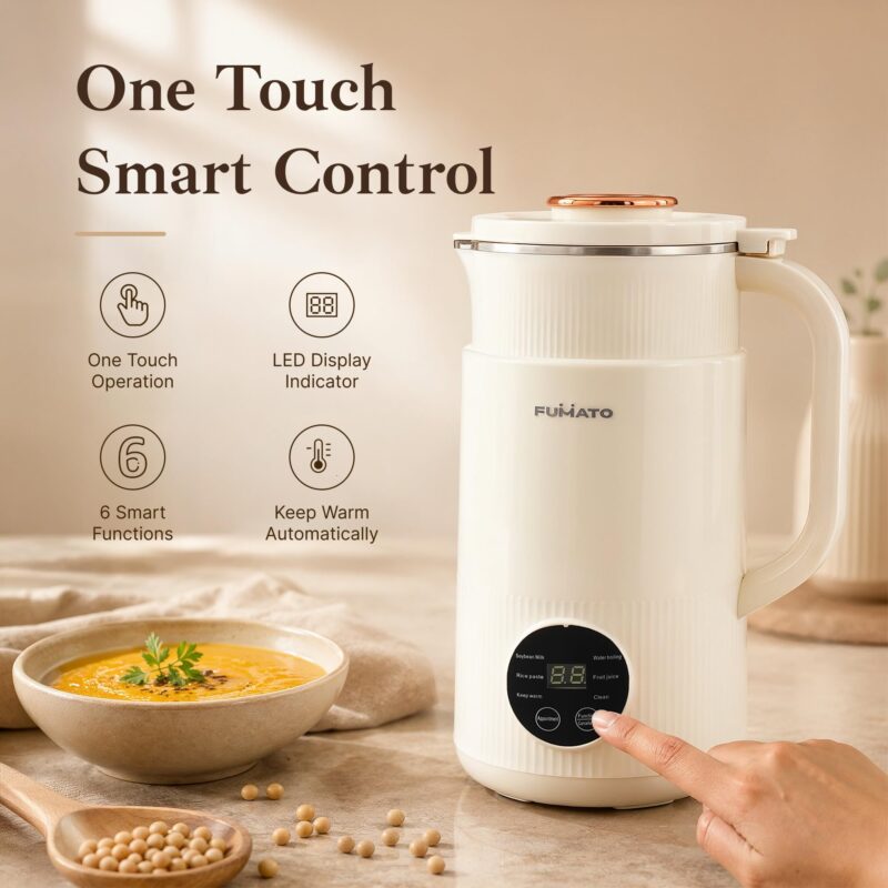 The Better Home Fumato 800ml Automatic Nut Milk Maker & Soup Maker | 6 Presets for Vegan Milk (Almond, Soy, Oat), Smoothies & Purees | 600W Fast Heating, 304 Stainless Steel Interior, 1 Year Warranty - Image 5