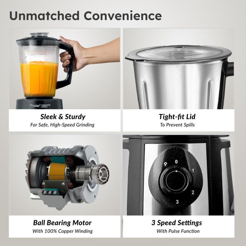 Prestige Endura 1000 Watt Mixer Grinder with 6 Jars | Heavy-Duty Ball Bearing Motor | 3 Stainless Steel Jars + 1 Juicer + 1 Mix-O-Keep + 1 Multi-Utility | SS Baldes | Black | 5Y Motor Warranty - Image 8