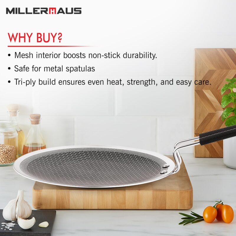 Millerhaus Triply Honeycomb 25cm Roti Tawa, Honeycomb Pattern with Non-Stick Coating, Metal Utensil Safe, Healthy Cooking, Even and Faster Heating, Stay Cool Wired Handle - Induction and Gas Ready - Image 6