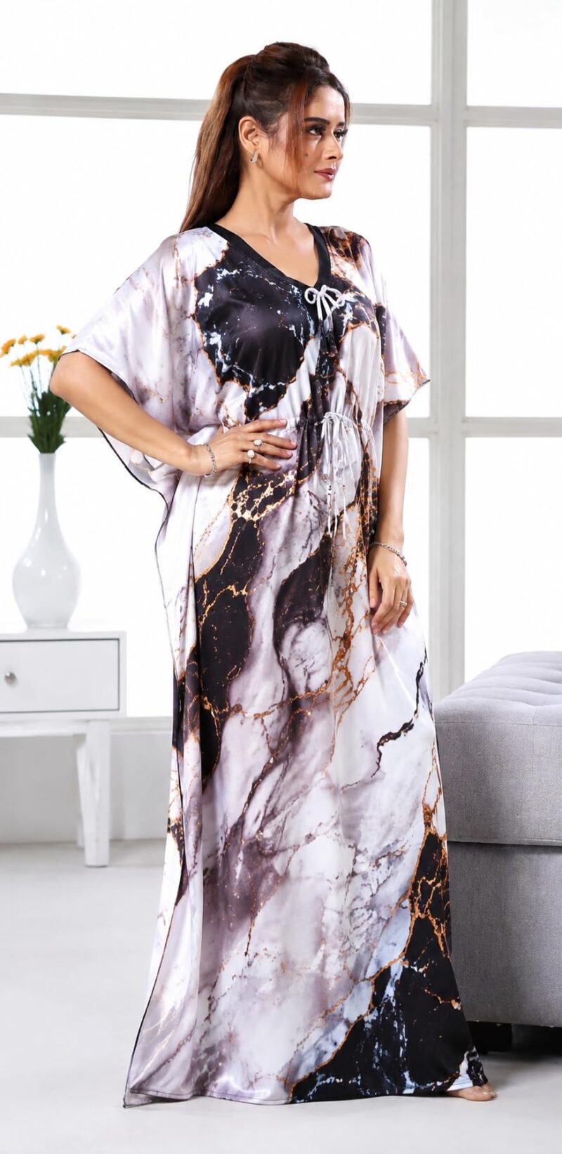 YAZIA Women’s Printed Kaftan Nightgown Maxi | Stylish Marble Print Long Maxi Kaftan | Loose Fit Flowy Dress with Adjustable Drawstring Waist | V-Neck Casual Resort & Lounge Wear | - Image 6