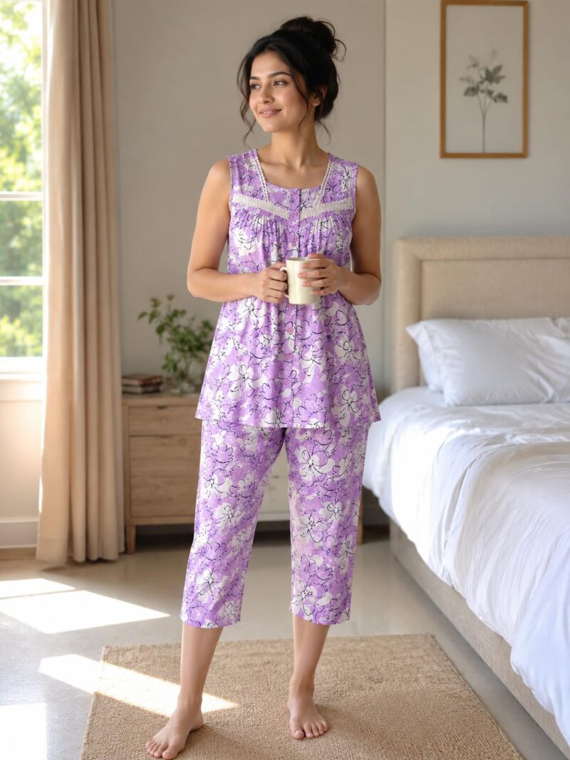 Evolove & Venus Pure Dobby Fabric Night Suit Set for Women | Printed Short Sleeve Sleep Top & Capri Pajama Set | Comfortable Nightwear Loungewear & Sleepwear Set | Purple Large - Image 4