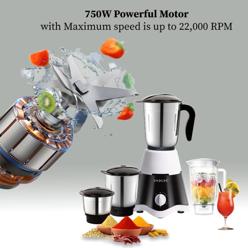 CADLEC JarGenie 750 Watt Mixer Grinder with 4 Jars | High-Power Motor for Grinding, Chutney, Mixing, Juicing & Blending | Durable ABS Body | 2-Year Warranty | Black & White - Image 2