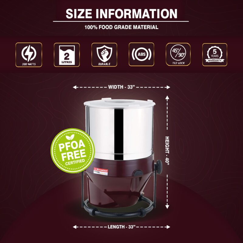 Premier Lifestyle Grinder (Pg - 502) 2 LTR 230v Maroon Colour Code-039131 – Powerful and Stylish Wet Grinder with 2-Liter Capacity, Durable Stainless Steel Drum, Energy Efficient Motor - Image 3