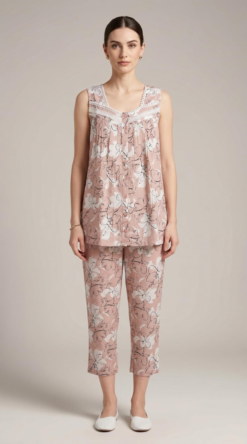Evolove & Venus Pure Dobby Fabric Night Suit Set for Women | Printed Short Sleeve Sleep Top & Capri Pajama Set | Comfortable Nightwear Loungewear & Sleepwear Set | Light Grey Medium - Image 7
