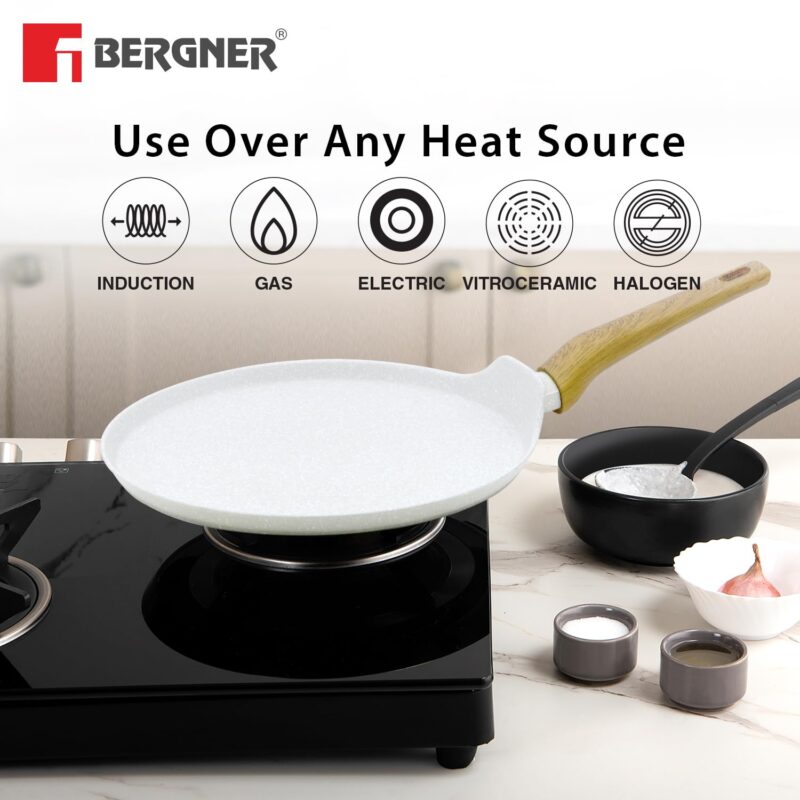 BERGNER Naturally Forged Aluminum 28cm Pancake Pan/Dosa Tawa with Marble Non-Stick Coating, Scratch Resistant and Durable, Soft Touch Handle, Easy to Clean - Induction Bottom, Free Non-Woven Trivet - Image 5