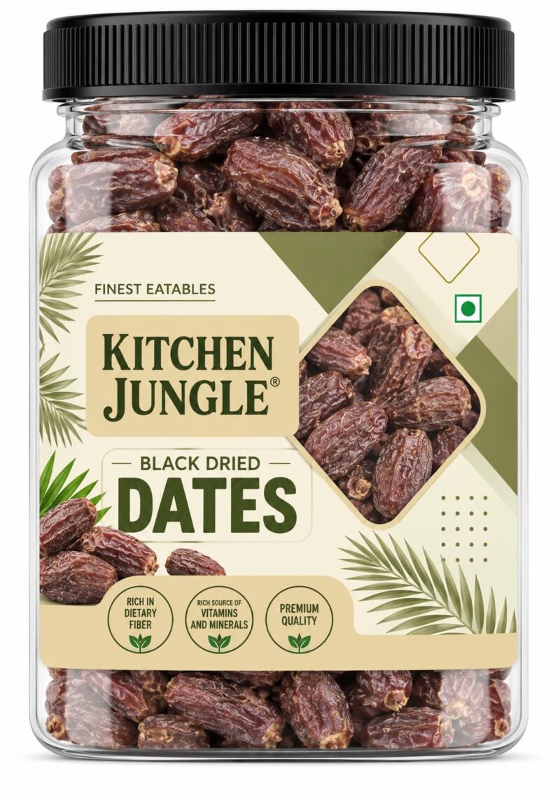 KITCHEN JUNGLE Premium Dried Black Dates 1kg | Sukha Khajoor Chuara | Naturally Sweet Dry Fruit | Kharek Kharik Khejur | Vegan Snack for Everyday Enjoyment