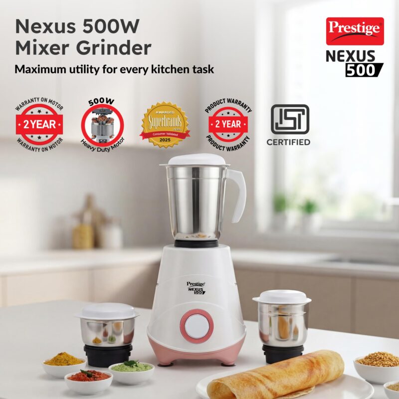 Prestige 500W Nexus Mixer Grinder with 3 Stainless Steel jars|1200ml Wet Jar,800ml dry jar, 400ml chutney jar|3 Super-efficient Blades|3 motor setting|Sturdy Handles |2 Yrs Warranty|White & Rose Gold - Image 2