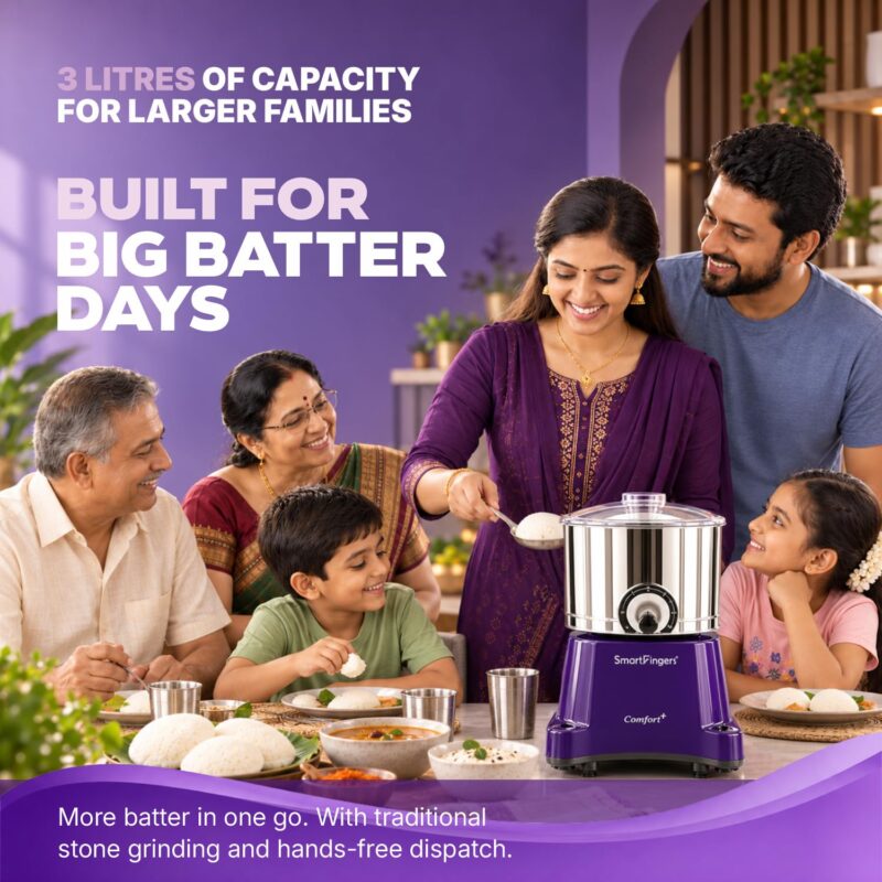 SmartFingers Comfort + Table Top Wet Grinder 230V, 3 Liter, Violet with Coconut Scrapper & Atta Kneader Attachment | Hands-Free Batter Dispenser | Top Wiper, 220W Motor | 5 Years Warranty | ABS - Image 2