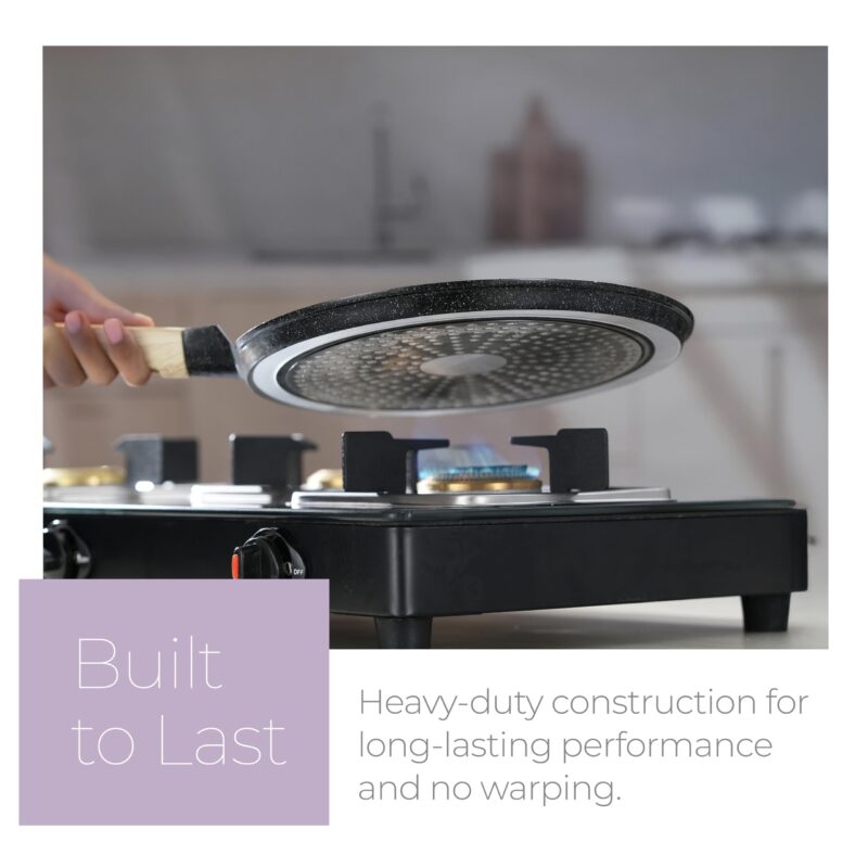 Lifelong Die-cast Flat Roti Tawa with Wooden Finish Handle & Spatula for Dosa, Chapati | 28cm, 1kg | Pre-Seasoned Non-Toxic, Non-Stick & Teflon Free, Durable | Gas & Induction Stove-Friendly (LLDCT28) - Image 4