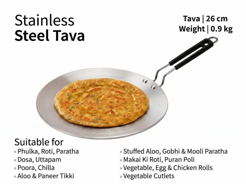 Triply Stainless Steel Tawa 26cm | 4mm Thick, 1Kg | Induction & Gas Compatible | SS 304 Interior | 100% Toxin-Free, No Chemical Coating | Even Heat, No Burning | Roti, Paratha, Chapati - Image 3
