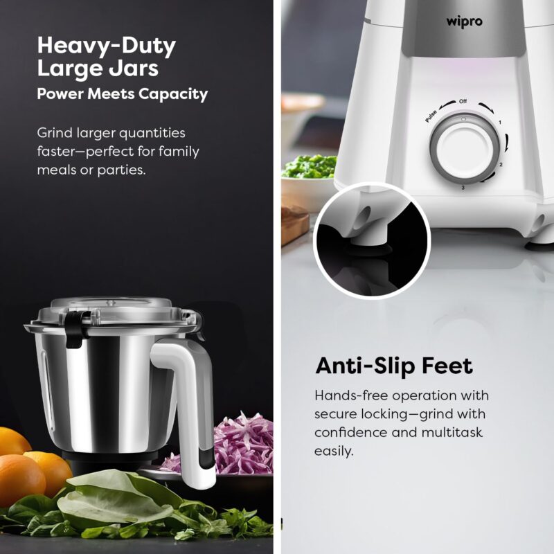 Wipro Elato Divine FMG 213 800 Watt Mixer Grinder with 4 Jars,Heavy Duty 100% Copper Ball Bearing Motor with 5 Year Warranty,Superfast Grinding,Clip Lids - Hands Free use, 4 Jars Mixer Grinder, White - Image 6