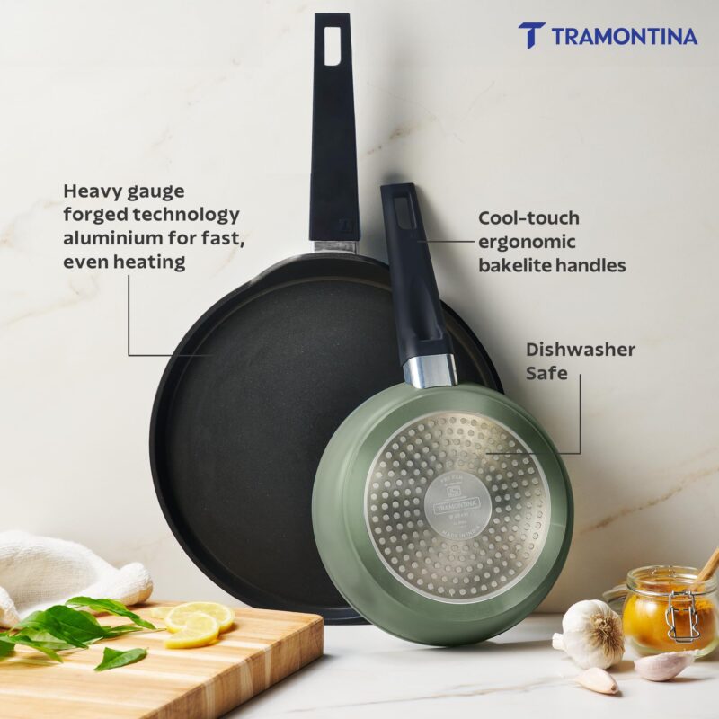 TRAMONTINA Aura Cookware Set of 2- Frypan 20cm, Dosa tawa 28cm | Reinforced Ceramic Non-Stick Cookware | Quick & Even Heating | Low-Oil Cooking | Bakelite Handle | Induction & Gas | Sea Green - Image 4