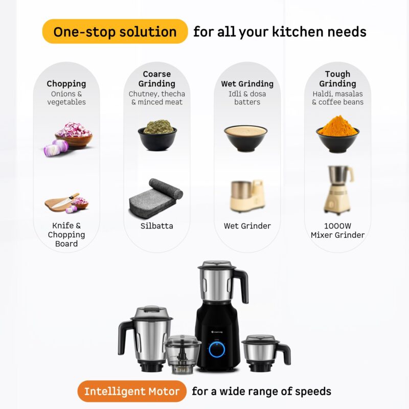 Atomberg Yulia 750 Watt Mixer Grinder | 4 Multipurpose Jars including Chopper Jar | Coarse Mode for Silbatta-like Textures | Powerful Intelligent Motor | Advanced Safety Features | Gloss Black - Image 2