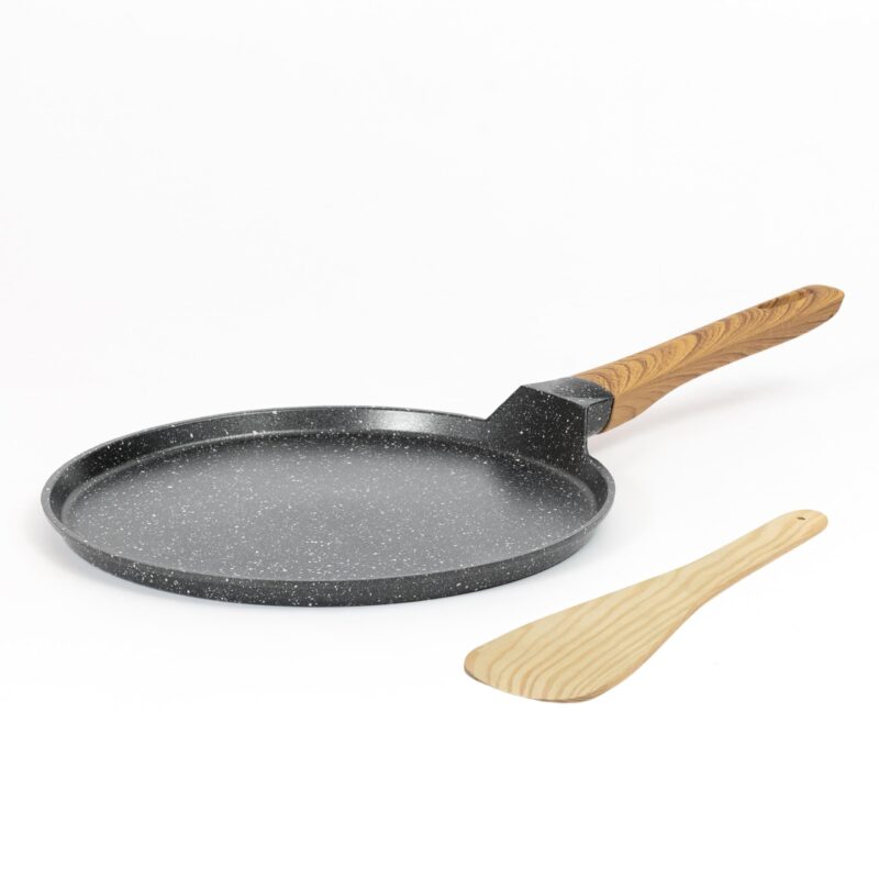 Kreme Cerastone Ultra Granite Nonstick Tawa with Wooden Handle, 11.5 Inch, 28cm, Superior Nonstick Performance, Made in India, Induction Compatible, PFOA Free, Black