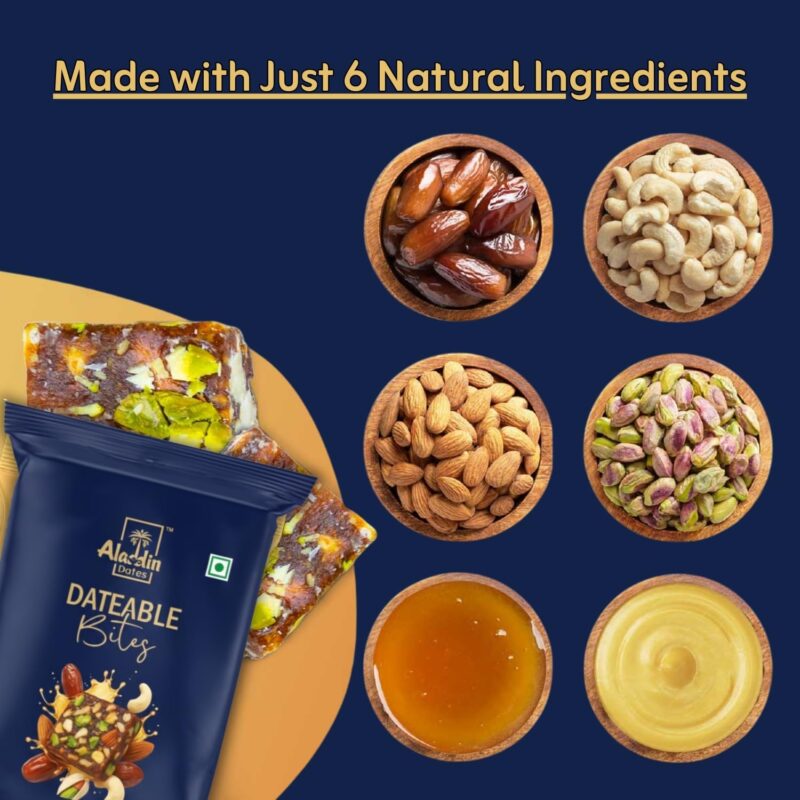 Aladdin Dates Dateable Bites 20g | Dry Fruit Bites | Made with Pure Ghee, Honey, Pista, Cashew & Almonds | No Added Sugar | Healthy Nutty Energy Snack | Gluten-Free & Preservative-Free - Image 4
