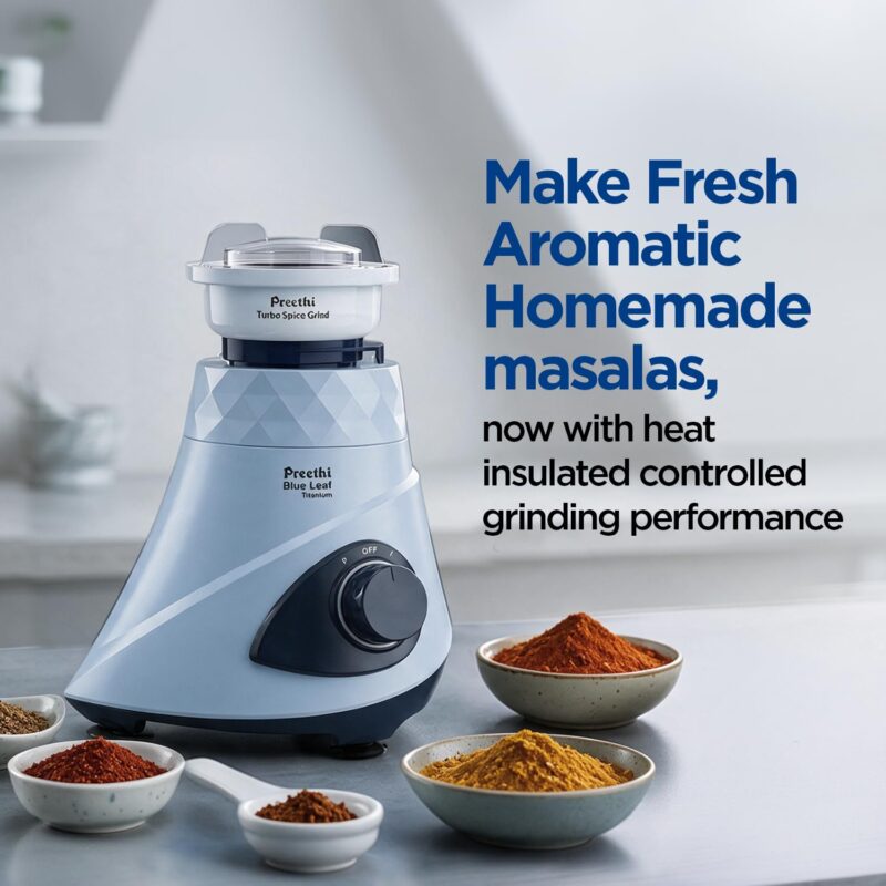 Preethi Blue Leaf Titanium 1000 Watts Mixer Grinder, 7 Jars (4 Stainless Steel Jars, Juicer, Blender), Superfine Grinding for Masalas, Chutneys and Batters, 2 Year Warranty, Lifelong Free Service,Blue - Image 4