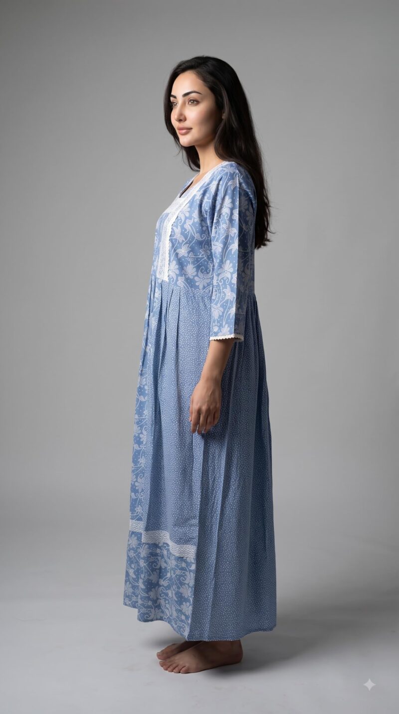 Evolove Farasha Kaftan Jalabiya Style Cotton Maxi Nighty for Women | V-Neck with Lace Trim | 3/4 Sleeves Full Length Nightdress, Light Blue, L - Image 3
