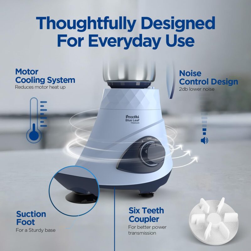 Preethi Blue Leaf Titanium 1000 Watts Mixer Grinder, 7 Jars (4 Stainless Steel Jars, Juicer, Blender), Superfine Grinding for Masalas, Chutneys and Batters, 2 Year Warranty, Lifelong Free Service,Blue - Image 11