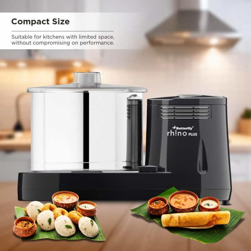Butterfly Rhino Plus 2 Litres Table-Top Wet Grinder | 150 Watts | Shockproof ABS Body | Coconut Scrapper Attachment | Dough Kneader | Stainless Steel Drum | 2 Years Manufacturer's Warranty | Grey - Image 2