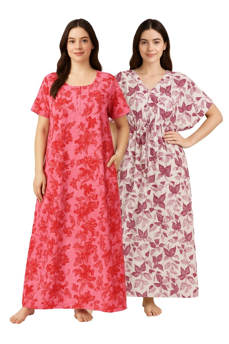 Bahumaan Nighty for Women Cotton Combo Pack of 2 | Free Size Kaftan with Cotton Gown with Pocket | Nighties for Women Pure Cotton Combo Stylish | Kaftan Maxi (Pink & Pink, Free Size)