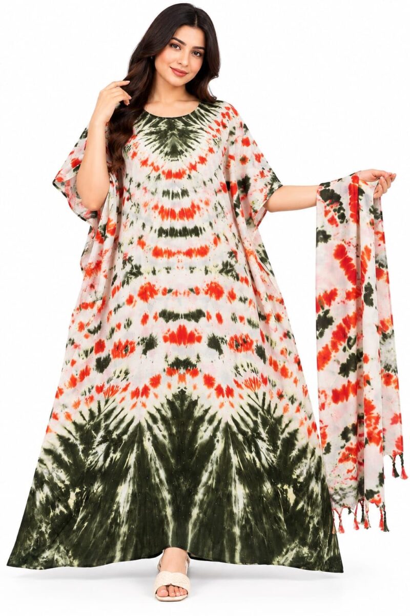 Tie-Dye Kaftan Nighty Set with Dupatta, Free Size