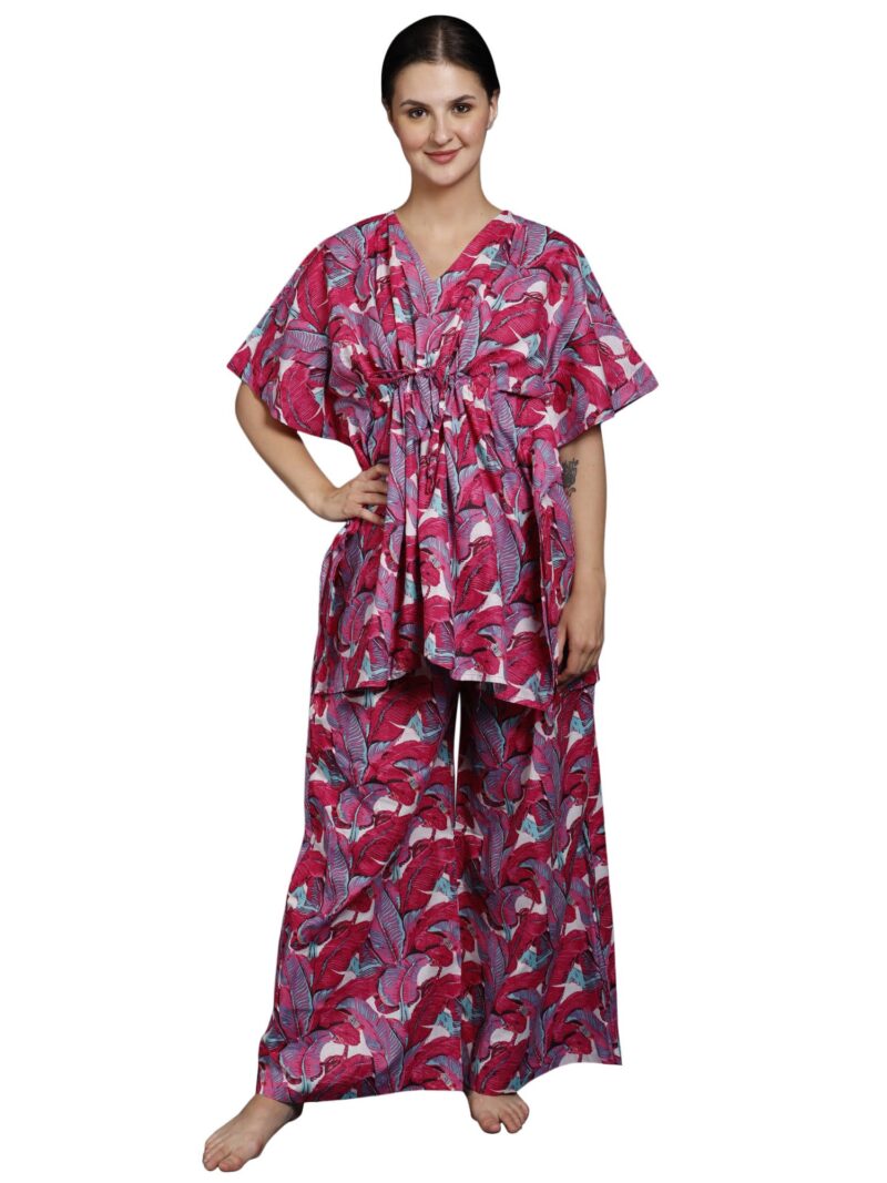 Exotic India Pure Cotton Kaftan Style Co-Ord Set with All-Over Leaf Print, Carmine, Free Size