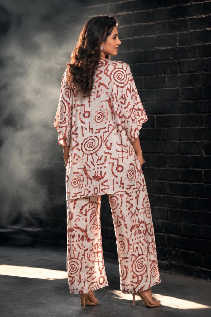 Cotton Printed Kaftan Co-Ord Set Free Size | MAROON Abstract Geometric Print Kaftan Top with Palazzo Pants | Free Size Relaxed Fit Lounge Wear, Travel Wear & Resort Wear for Women - Image 5