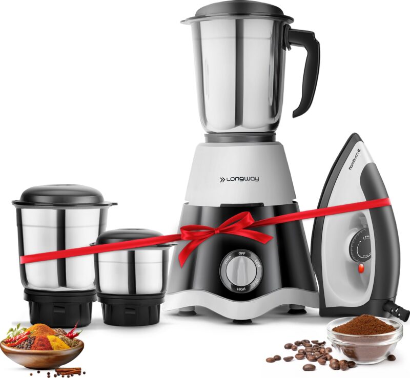 Longway Super Dlx Mixer Grinder with Kwid 1100W Dry Iron | 500 W Powerful Motor | 3 Jars for Grinding, Mixing, Juicing | 2 Years Warranty (Black & Gray, Combo Offer)
