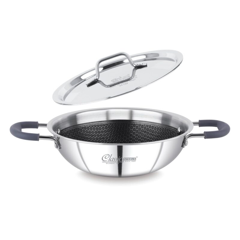 Classic Steels Hexa Comb Triply Kadai with Steel Lid - 1.5 LTR (20cm) | Stainless Steel Non-Stick Kadhai for Cooking | Gas & Induction Compatible | 2.5mm Thickness | Durable Stay Cool Silicon Handle