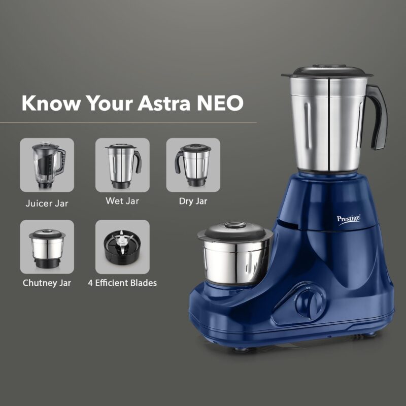 Prestige Astra Neo 750 Watt Mixer Grinder with 4 Jars (3 Stainless Steel + 1 Juicer) | Space-Saving Stacking Design | Super Efficient SS Blades | Blue |2Y Warranty | ISI Certified - Image 2