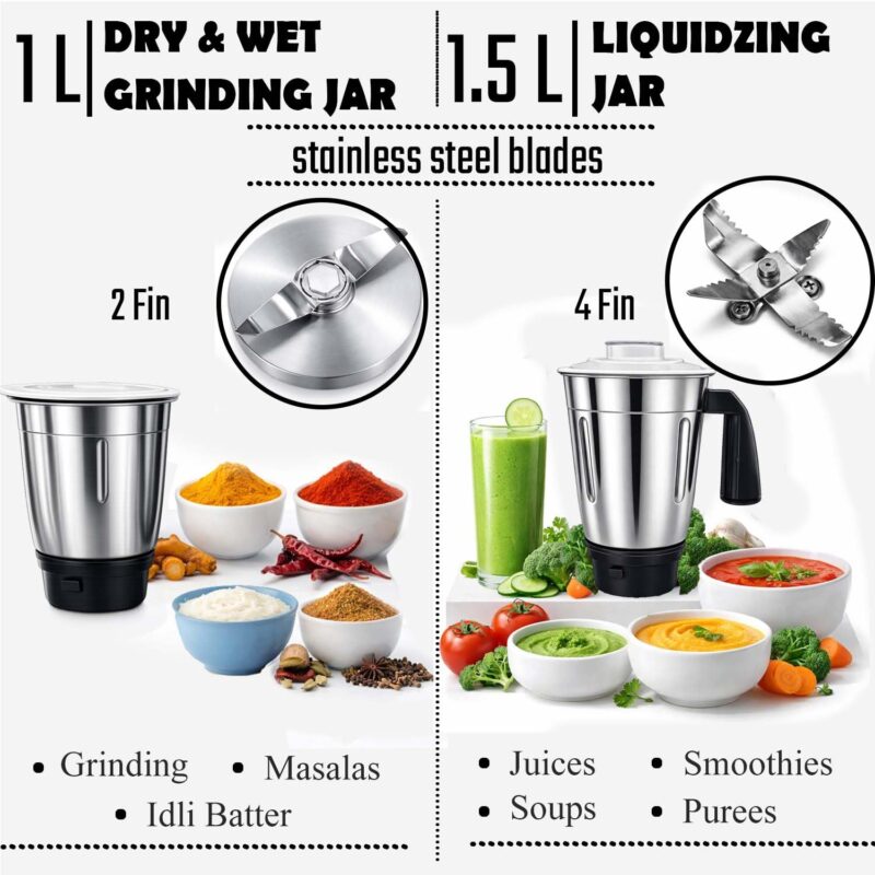 Kanchan Mixer Grinder 500 Watt with 3 Stainless Steel Jars (1.5 L Wet, 1 L Dry & Wet, 400ml Chutney Jar), Powerful Motor with Overload Safety, Adjustable Speed Control -2 Year Warranty (Tigor) - Image 6
